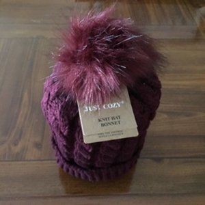 JUST COZY KNIT HAT BONNET.  ONE SIZE FITS.  COLOR: BURGUNDY/WINE RED.